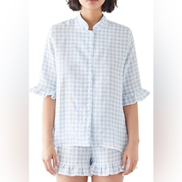 Sleeper Linen Lounge Blue Gingham Checkered Top - Picture 1 of 7